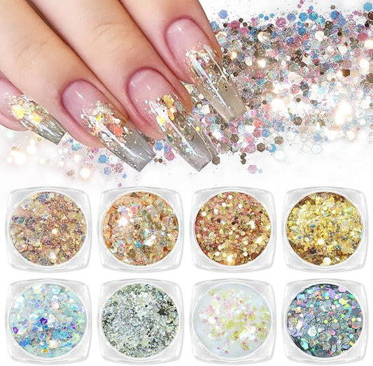 Laza 8 Colors Nail Art Glitter Diamond Dust Iridescent Nail Powder Chunky Glitter Confetti Foil Flakes Sequins for Nail Art Supplies, Gel Polish, Mermaid Makeup, Body, Resin — Dancing Sparkle