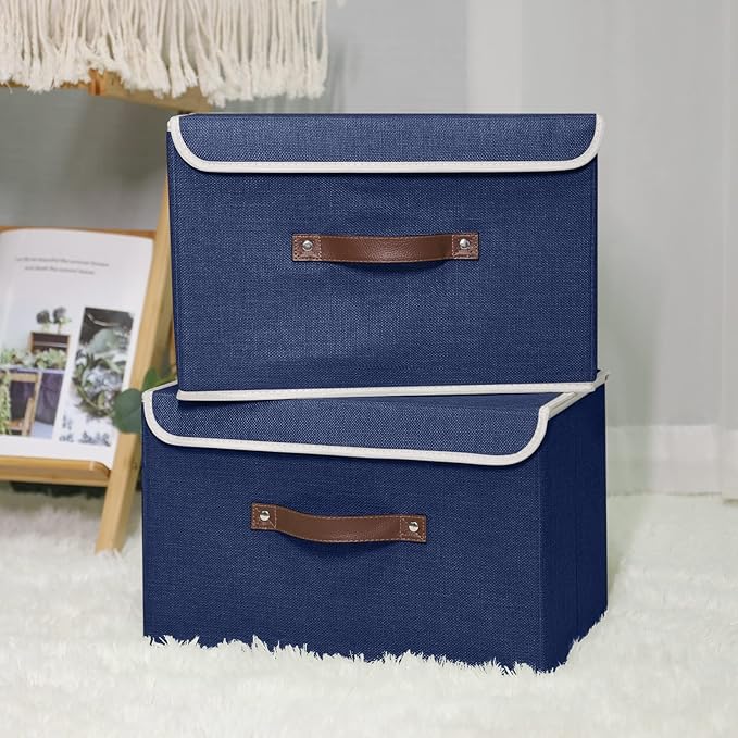 ANMINY Fabric Storage Box Bins with Lids, Blue, 15"x10"x10", 4 Pack | Keepsake Memory Storage, Cotton Linen, PP Board Reinforced, Washable, PU Handles, Foldable & Stackable, Decorative, Large