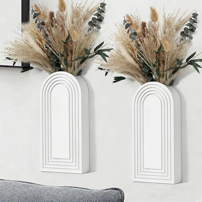 Set of 2 Wooden Wall Vases with Dried Pampas Grass & Eucalyptus, Boho Farmhouse Decor for Living Room, Entryway, Bathroom, Rustic Home Art(White)