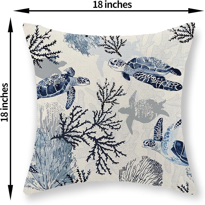 Nautical Coastal Pillow Covers 18x18 Set of 2 Beach Themed Ocean Coral Sea Turtle Decorative Throw Pillows Blue Outdoor Decor Pillow Cases Linen Farmhouse Cushion Case for Sofa Home Holiday