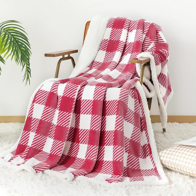 Sherpa Plaid Twin Blanket 60" X 70", Fuzzy Fluffy Soft Cozy Throw Blanket, Twin Size Plush Fleece Flannel Plush Microfiber Blanket for Couch Bed Sofa (RustRed)