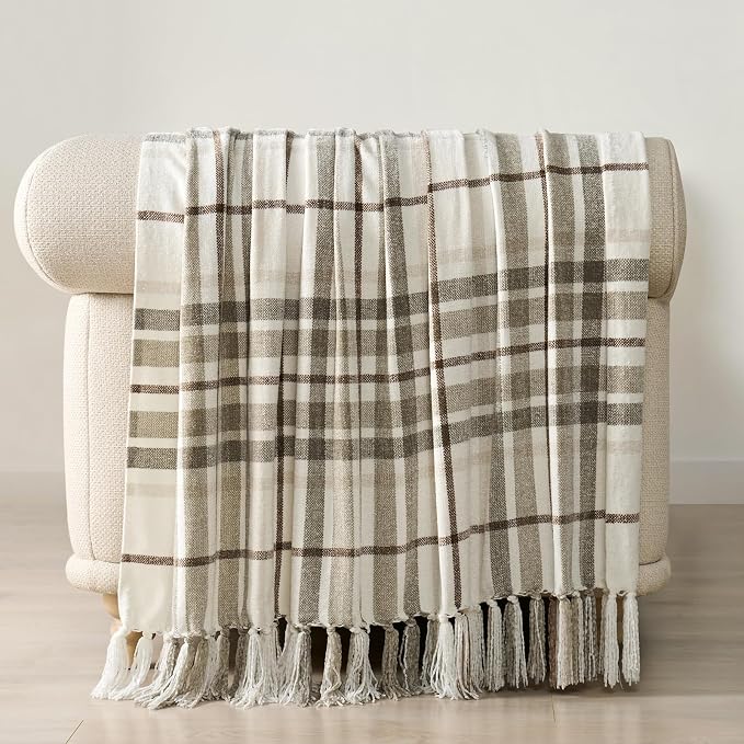 Plaid Chenille Knit Throw Blanket for Couch, 50"x60", Beige | Super Soft Knitted Throw with Tassels, Cozy, Decorative Farmhouse Plaid, Lightweight, Ideal for Bed Sofa Gift Home Decor