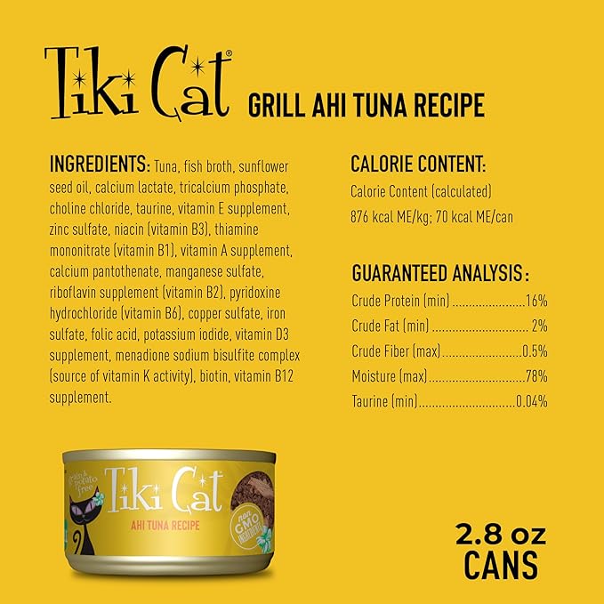 Tiki Cat Canned Food for Cats, Hawaii Grill Ahi Recipe | TIKI Cat Canned Food for Cats, Hawaii Grill Ahi Recipe, 2.8 Oz Cans, Pack of 12, 2.8 Oz Cans (Pack of 12)