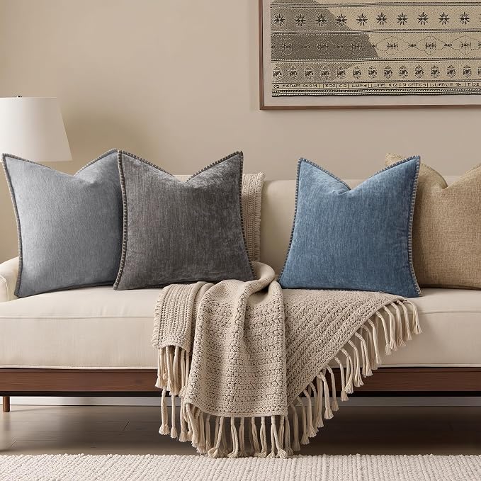 decorUhome Soft Chenille Throw Pillow Covers 18x18 Set of 2 Haze Blue | Fall Textured Decorative Throw Pillow Cases Stitched Edge Modern Farmhouse Luxury Boho Velvet for Couch Sofa Bed Home Decor