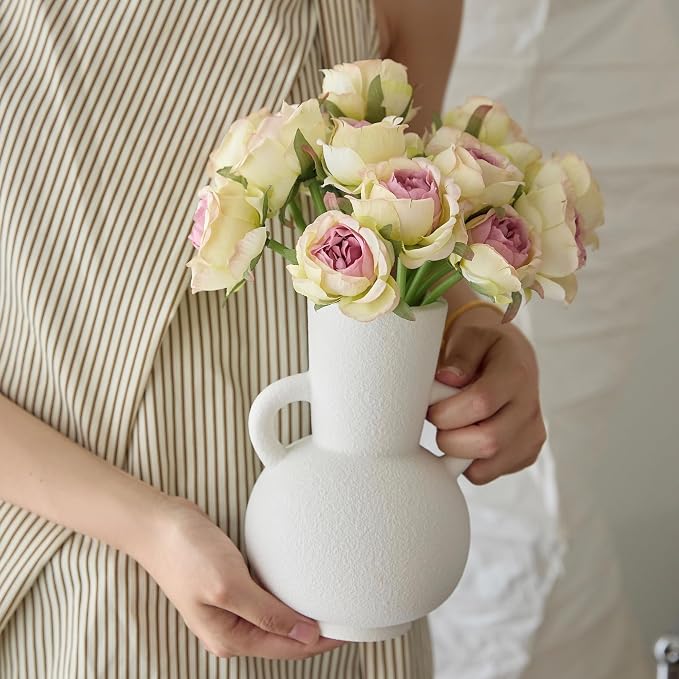 7 Inch White Ceramic Vase with 2 Handles, Modern Flower Vase Decorative Vases for Bouquet, Unique Vases for Home Decor Farmhouse Living Room Table Centerpieces Wedding Decorations