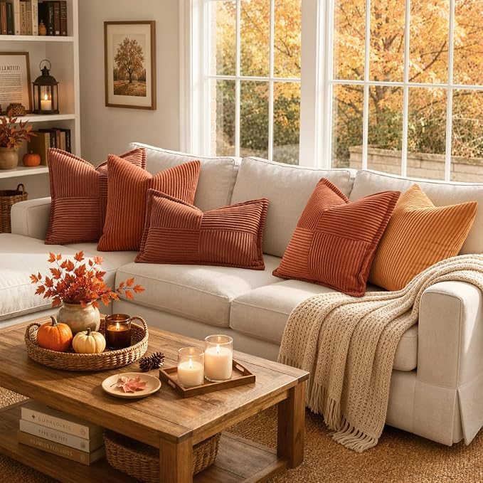MIULEE Fall Rust Decorative Throw Pillow Covers for Couch 16x16 Inch | 2 Pack, Terracotta Boho Broadside Striped Patchwork Pillow Covers, Soft Corduroy Cushion Cases, For Sofa Bed Livingroom