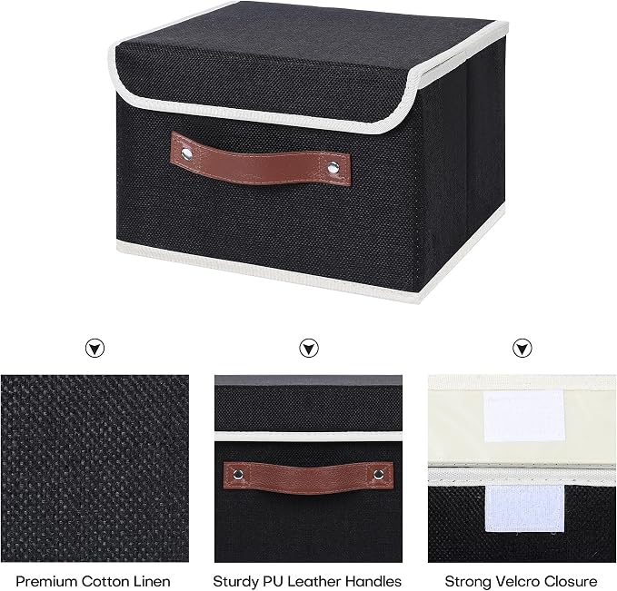 ANMINY Fabric Storage Box Bins with Lids, Black, 10"x8"x7", 4 Pack | Keepsake Memory Storage, Cotton Linen, PP Board Reinforced, Washable, PU Handles, Foldable & Stackable, Decorative, Small