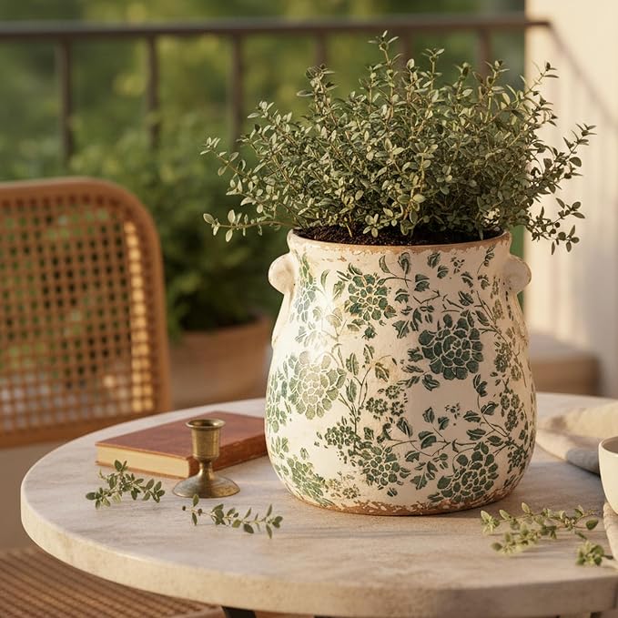 Tuscan Ceramic Planters & Kitchen Utensil Holder, 6.68" Vintage Plant Pots | Flower Pot with Drainage for Indoor/Outdoor, Country Cottage Vase for Home Garden Decor, Gifts for Plant Lovers, Cyan