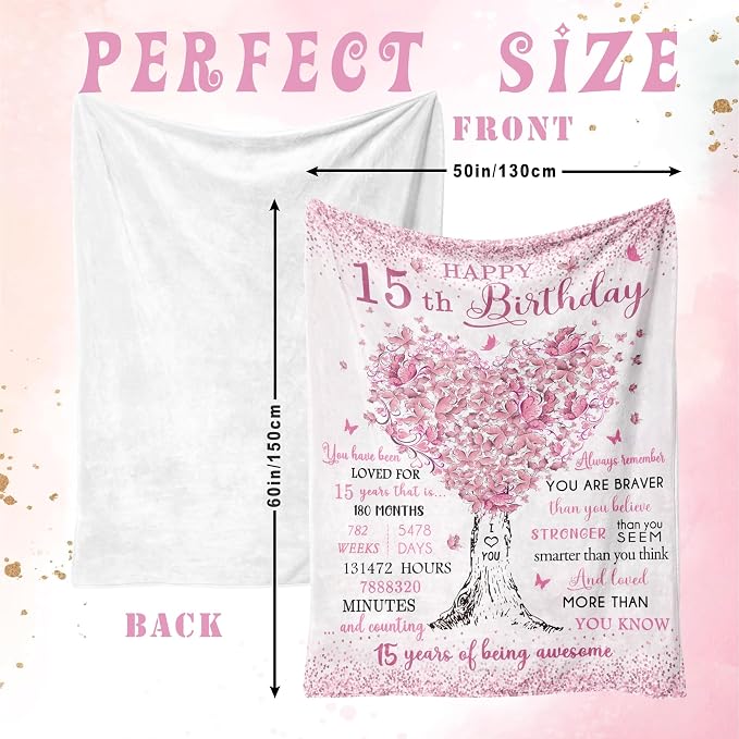 Vuinezo 15 Year Old Girl Gifts Blanket 50"X60", 15th Birthday Decorations for Girls, Quinceanera Gift, 15th Birthday Gifts for Teen Girls, Bday Gift for 15 Year Old Girl, Sweet 15 Bday Decorations