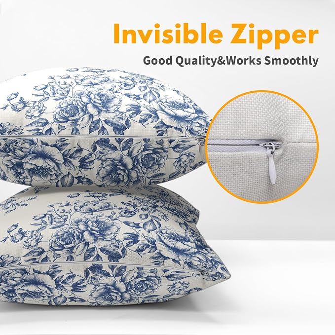 Kawani Chinoiserie Flowers Throw Pillow Covers 22x22, 2Pc Set Blue White Vintage Chic Floral Square Pillowcases Cotton Linen Cushion Cover for Couch Sofa Porch Car Seat Home Decor