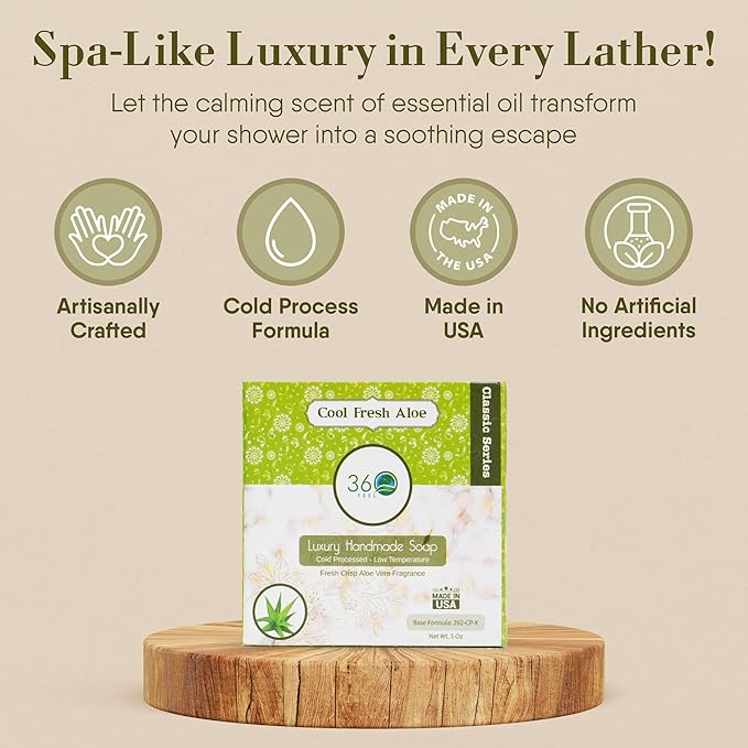 360Feel Cool Fresh Aloe Soap - Made in the USA - Castile Handmade, All-Natura,l Cold-Processed - Infused with Aloe Vera for Refreshing Cleanse and Creamy Rich Lather (5 oz)