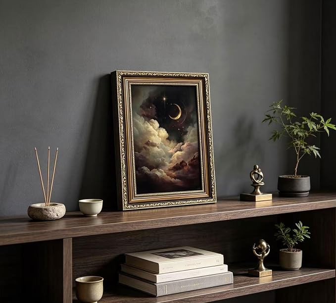 Vintage Gold Framed Crescent Moon Cloud Wall Art, Dark Academia Celestial Starry Sky Oil Painting Print, Antique Ornate Mystical Night Sky Wall Decor, Gothic Cottagecore Home Decor, 16x24in