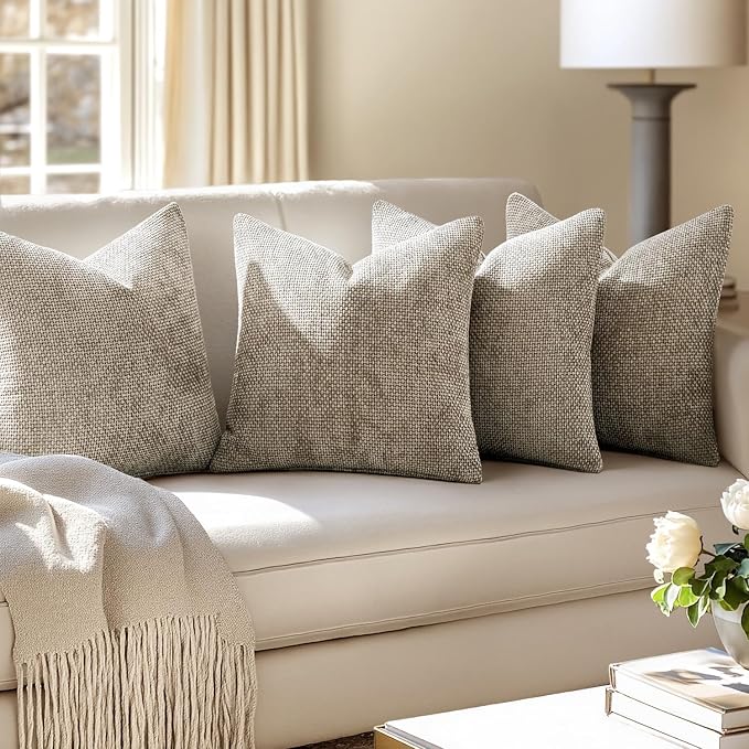 MIULEE Soft Decorative Chenille Euro Pillow Covers Khaki 22x22 Pack of 4 | Modern Home Decor, All Same Khaki Color Set, Couch Throw Pillows, Farmhouse Boho Cushion Covers for Sofa Bed Living Room
