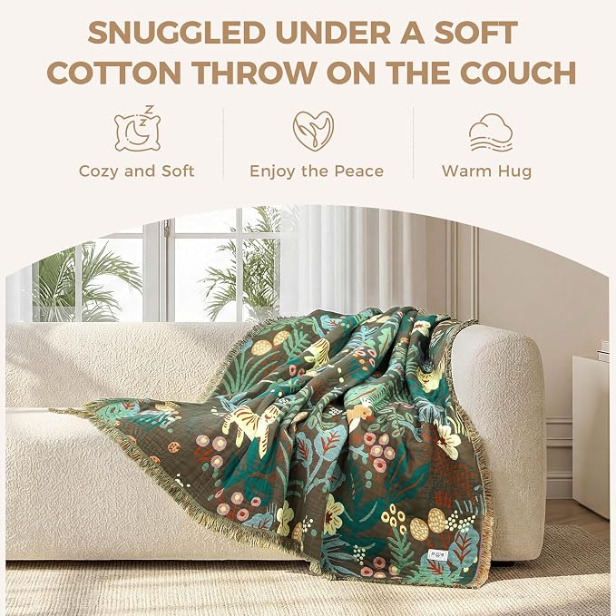 LUTBM Boho Throw Blanket for Bed Cotton Soft Lightweight Quilt Summer Blanket Twin Forest Tiger Embroidery Home Decor Breathable Bed Blankets,60"x80" All Season Throw for Sofa Couch Chair