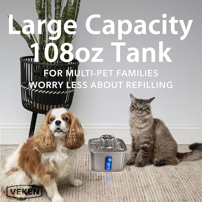 Veken Innovation Award Winner Stainless Steel Cat Water Fountain, 108oz | Automatic Pet Fountain Dog Water Dispenser with 6 Replacement Filters & Silicone Mat for Cats, Dogs, Multiple Pets (Silver)