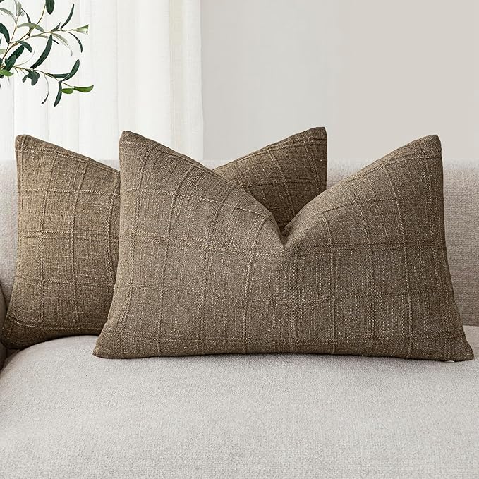 Foindtower Set of 2 Decorative Linen Check Throw Pillow Covers Neutral Farmhouse Lumbar Cushion Covers Modern Boho Home Decor for Sofa Chair Couch Bedroom Living Room,12×20 Inch,Light Brown