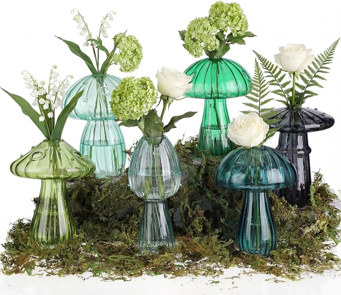 7 Pcs Glass Mushroom Vase Propagation Station with Hydroponic Plant and Artificial Fake Moss 6 Colored Plant Vase Table Centerpiece Decor for Forest Birthday Wedding Party Decoration (Green)
