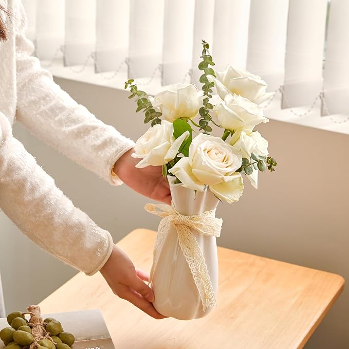 White Ceramic Flower Vase, 8 in Modern Decorative Vases for Home Decor | Minimalism Boho Vases for Centerpieces, Unique Vase for Famhouse Table Bedroom Living Room Office Wedding Farmhouse Decor