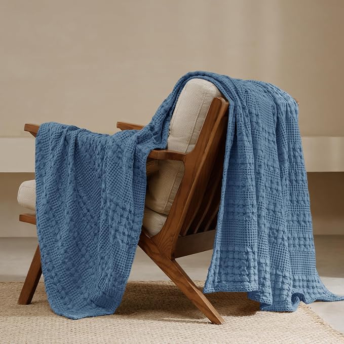 PHF 100% Cotton Waffle Weave Throw Blanket, Lightweight Breathable Summer Blanket for Couch Sofa, Pre-Washed Soft Throws for Bed, Office, Travel & Stylish Home Decor, 50"x60", Denim Blue