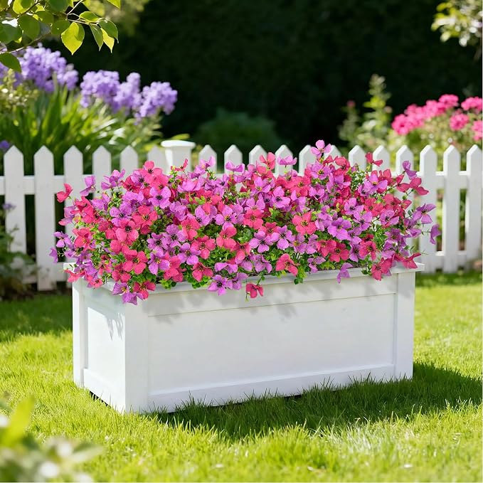 16 Pcs Artificial Flowers for Outdoors Decor, Purple & Rose Red | Realistic, silk flowers, faux plastic plants, UV resistant, for summer garden porch window vase indoor outdoor home decor