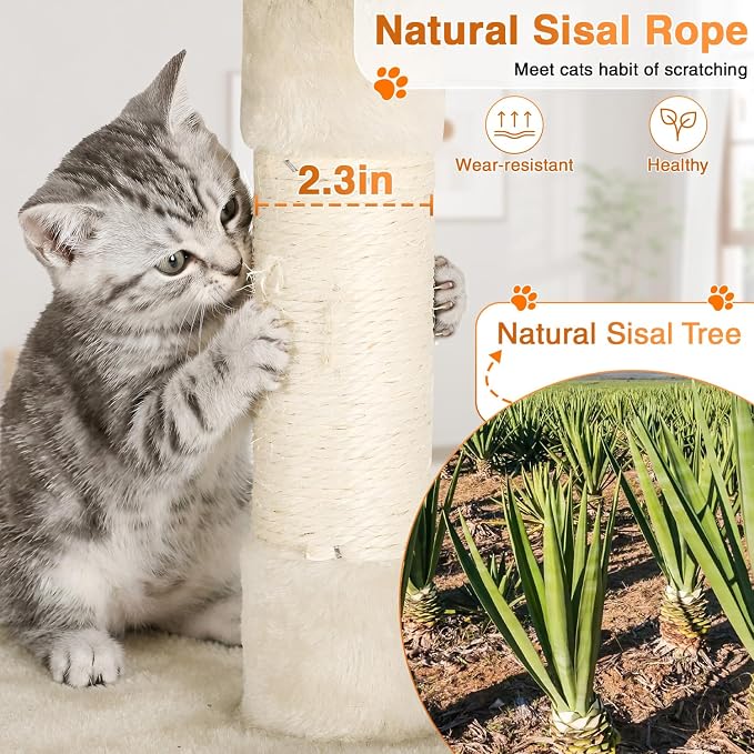 FDW | 54" Cat Tree Tower | Beige | Multi-Level Indoor Activity Center | with Sisal Scratching Posts, Condos, Plush Perches, Hanging Cat Toys | Sturdy, Easy to Assemble | for Kittens & Adult Cats