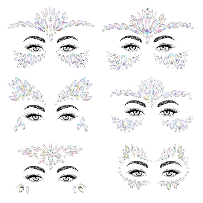 SAOROPEB Face Gems - 6 Sets Mermaid Face Jewels Temporary Tattoo Stickers Acrylic Crystal Glitter Stickers Waterproof Eye Gems Stick On Rainbow Tears Rhinestone for Party, Rave Festival