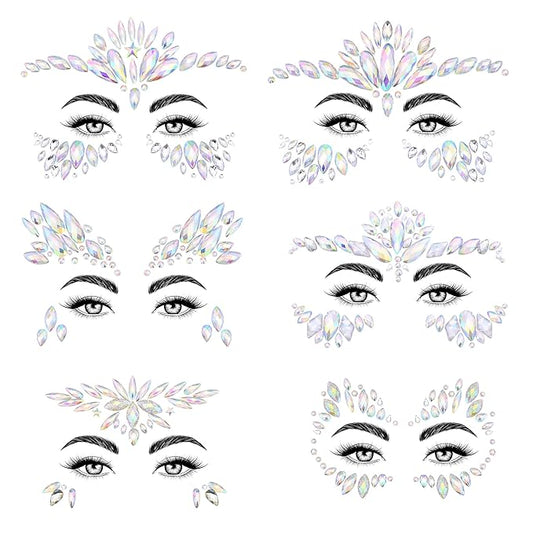 SAOROPEB Face Gems - 6 Sets Mermaid Face Jewels Temporary Tattoo Stickers Acrylic Crystal Glitter Stickers Waterproof Eye Gems Stick On Rainbow Tears Rhinestone for Party, Rave Festival