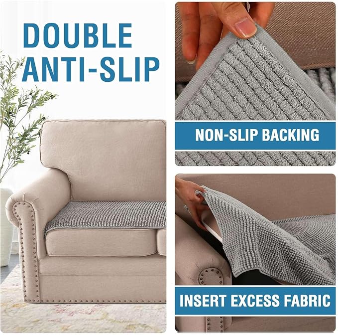 H.VERSAILTEX Plush Chenille Couch Cover for 3 Cushion Couch Anti Slip Washable Sofa Slipcovers Soft and Durable Furniture Protector for Dogs Cats Kids (27.5" x 82", Dove)