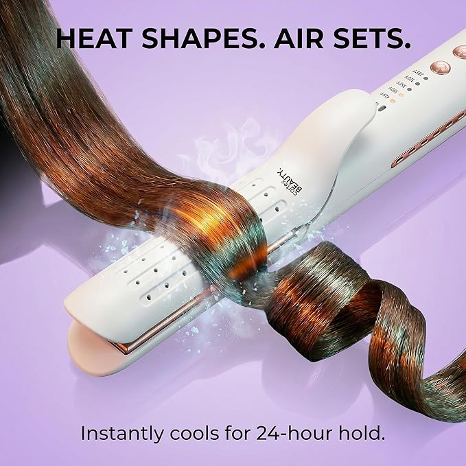 Cortex Beauty 360° Airflow Styler Curling Iron | 2-in-1 Hair Straightener and Curler with Cool Air Flow Vents | Professional Flat Iron with Ionic Wand to Lock in Curls for Long & Short Hair, White