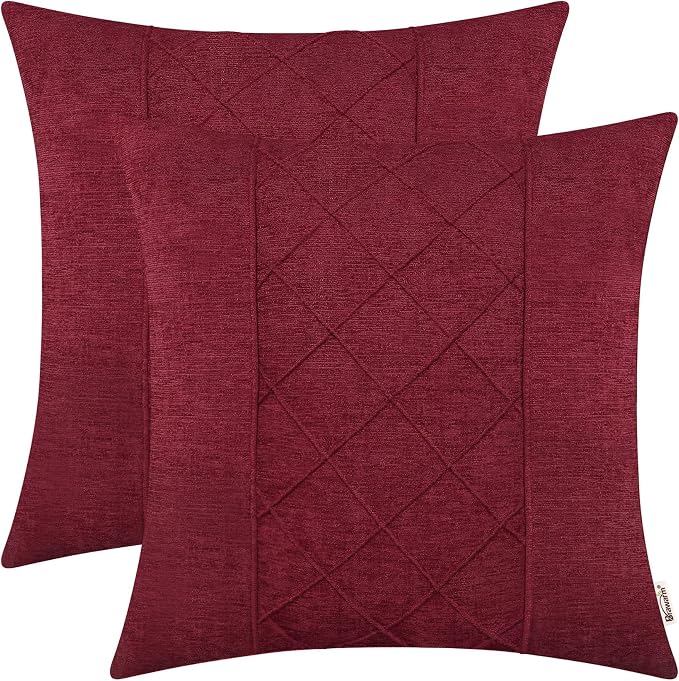 BRAWARM Chenille Throw Pillow Covers 22x22 Inches, Burgundy, 2 Pack | Decorative Pleated Pillow Covers, Soft Cushion Cases for Sofa Bed Living Room Home Farmhouse (No Insert)