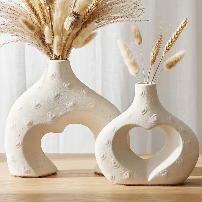White Ceramic Flower Vases Table Decor Heart Shaped Vase Set of 2 | Nordic Heart Shaped Vases Minimalist Decorative Vase for Table Centerpiece Wedding Dining Living Room Office House Decoration