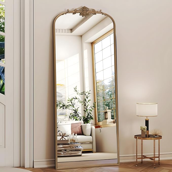 Besdomus Vintage Mirror Full Length: 21"x56" Brass Gold Arched Body Mirrors | French Floor Standing Metal Framed - Antique Baroque Traditional Ornate - Ideal for Foyer/Cloakroom/Bedroom/Dressing Room