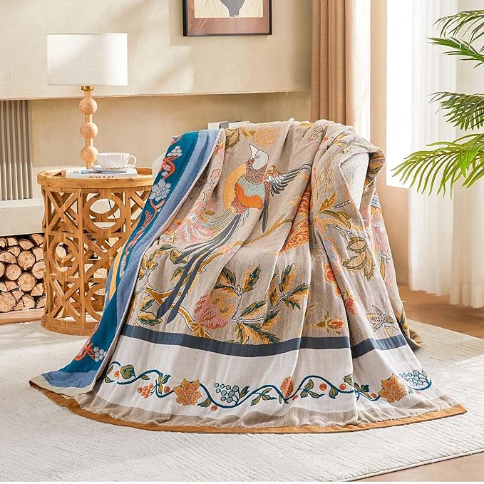 XIBLC Boho Blanket, 100% Cotton Farmhouse Decorative Throw Blanket, 80"x90" Reversible Bohemian Throw Blanket, Brown All Season Muslin Breathable Woven Blankets Quilt
