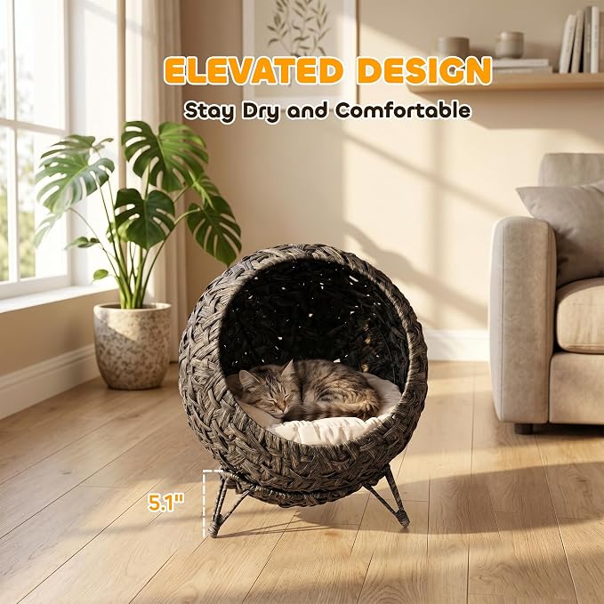 PawHut Rattan Cat Bed Elevated Handwoven Cat Basket Bed for Kittens Gray | Soft Cushion, Metal Base, Indoor Kitty Furniture, Breathable