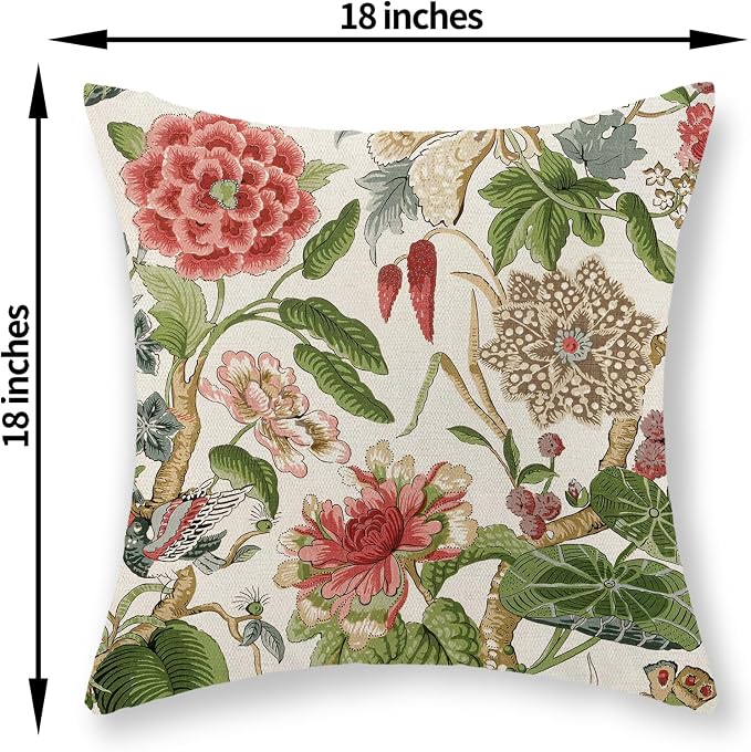 Sage Green Pink Pillow Covers 18x18 Inch Set of 2 Vintage Pink Floral Throw Pillows Chinoiserie Flower Decorative Pillow Case Outdoor Linen Farmhouse Cushion Cover for Couch Sofa Decorations