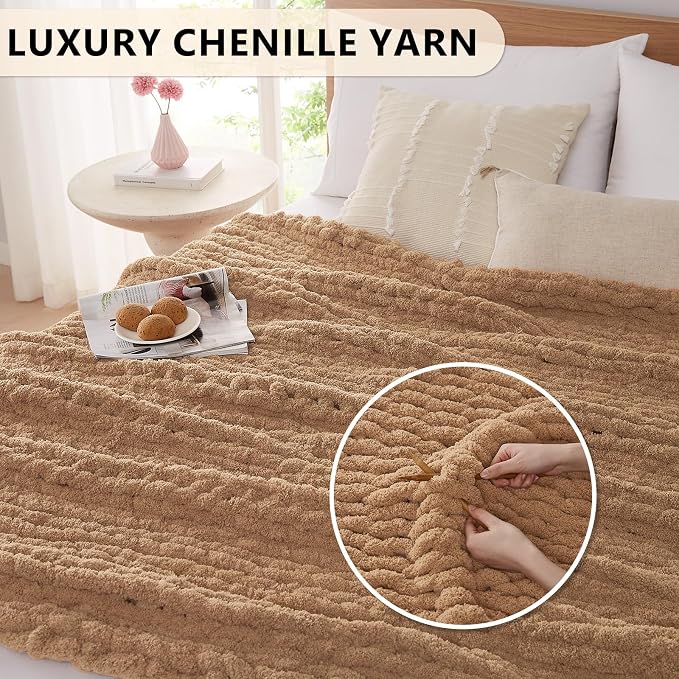 L'AGRATY Chunky Knit Throw Blanket for Couch, 60'' x 80'' Knit Throw, Tan | Handmade Chenille Crochet Blanket for Sofa Bed, Thick Cable Knitted Blankets for Room Home Decor, Birthday Gift for Women Mom