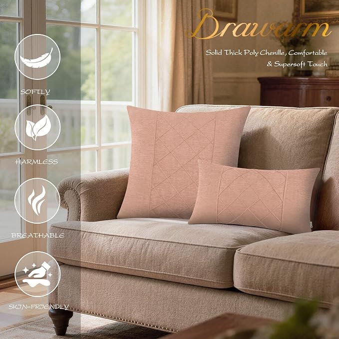 BRAWARM Chenille Throw Pillow Covers 22x22 Inches, Dusty Pink, 2 Pack | Decorative Pleated Pillow Covers, Soft Cushion Cases for Sofa Bed Living Room Home Farmhouse (No Insert)