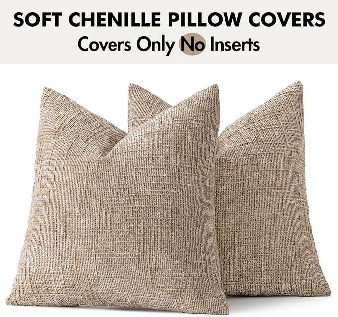 MIULEE Chenille Textured Euro Throw Pillow Covers Oatmeal 26x26 Set of 2 | Slubby Decorative Pillows, Boho Farmhouse Home Decor, Modern Neutral Cushion Covers for Couch Sofa Bed Living Room