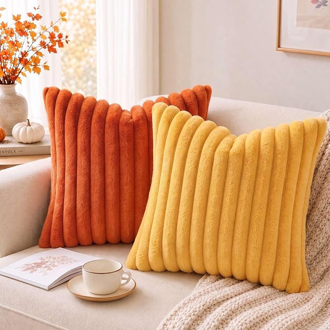 Pallene Faux Fur Fall Decorative Throw Pillow Covers 16x16 Set of 2, Rust | Luxury Plush Texture, Striped Design, Cozy Soft Touch, Modern Home Accent Decor for Couch, Sofa, Bed, Living Room