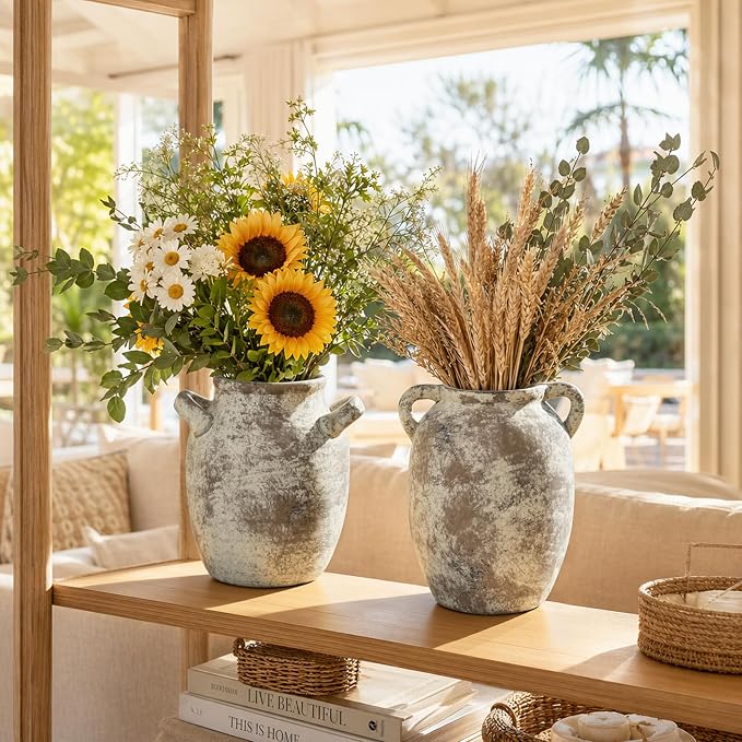DREAMLOOM 7.2 Inch Ceramic Flower Vase, Terracotta | Double Handles, Farmhouse Vintage, Pottery, Home Decor, Living Room Dining Table Wedding Centerpieces