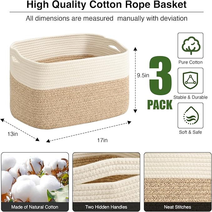 ICERZCZ Large Storage Baskets for Organizing Shelves, Woven Cotton Rope Bins for Baby Nursery Organization, Book Toy Towel Organizer, 17"x13"x9.5", 3 Packs, Off White & Brown