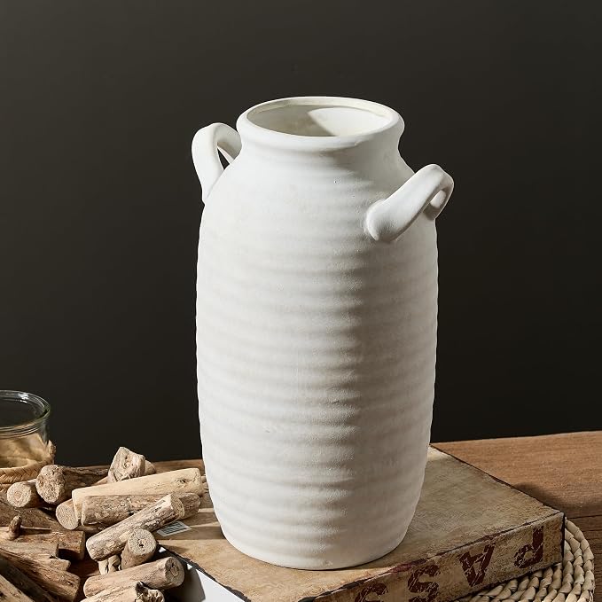 Large Flower Vase Home Decor - Tall Ceramic Farmhouse Table Vases with Handle Living Room Decoration Decorative Rustic Pottery for Floor Kitchen Shelf Coffee Dining Desk Fireplace (12" Rustic)