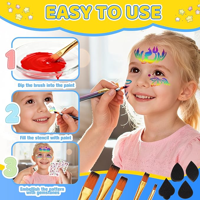 63Pcs Face Painting Brushes and Stencils Kit with 32 Reusable Facial Painting Stencils 9 Sheets Stickers 15 Brushes 2 Adhesive Gems 4 Fingertip Sponges, 4 Makeup Sponges For Festival Party Makeup