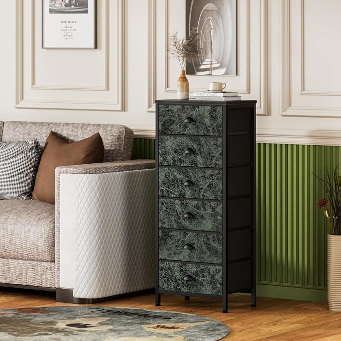 Dresser for Bedroom, 6 Drawer Tall Storage Tower Unit and Chest | Vintage Green Fabric Drawer Organizer in Dorm, Vertical Tall Nightstand Furniture in Living Room,Closet, Metal Frame,Wood Top