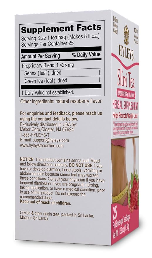 Hyleys Slim Tea Raspberry Flavor - Weight Loss Herbal Supplement Cleanse and Detox - 25 Tea Bags (12 Pack)