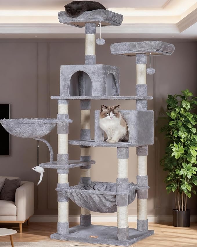 Heybly Cat Tree, 70 inches Tall Cat Tower for Indoor Large Cats HCT032W | Big Cat Condo with Toy , Cat House Furniture with Padded Plush Perch, Cozy Hammock and Sisal Scratching Posts, Light Gray