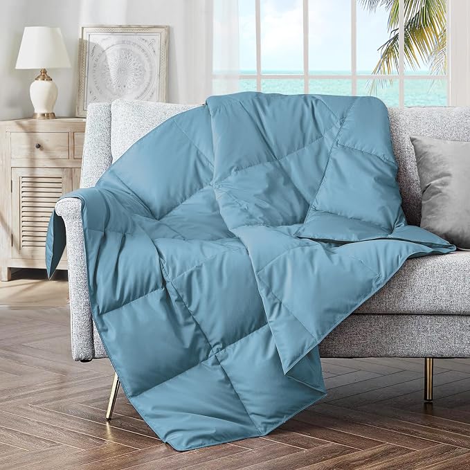 puredown® Soft Feather Down Throw Blanket Lightweight Packable Couch Throw for Indoor and Outdoor Use, Throw 50"X70", Blue, 12oz
