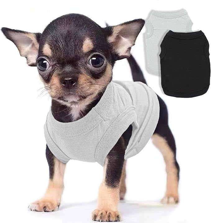 2-Pack Dog Shirts Summer Dog Clothes for Small Medium Dogs Boy, Teacup, Chihuahua, Yorkie, Pug and Cats, Solid Color Pet Tshirts Puppy Clothes, XXS, Black+ Grey