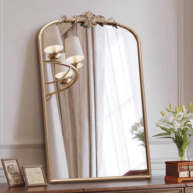Besdomus Antique Large Wall Mirror: 24"x36" French Arched Vanity Mirrors | Champagne Baroque Vintage Decorative - Traditional Ornate for Entryway/Dresser/Over Sink - Ideal for Bathroom Renovations