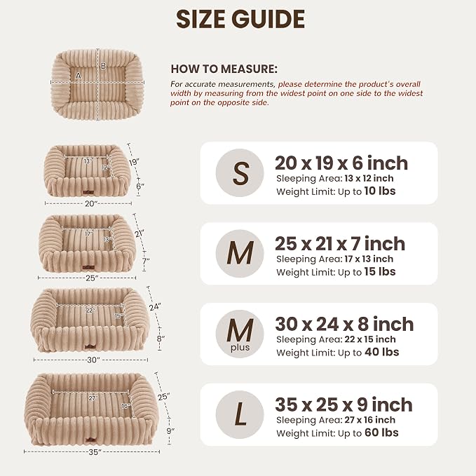 Cute Dog Bed for Small Dogs & Cats,Washable Fluffy Cat Beds for Indoor Cats, Rectangle Orthopedic Memory Foam Puppy Beds with Anti-Slip Bottom, 20 x19 x 7 Inches, Camel